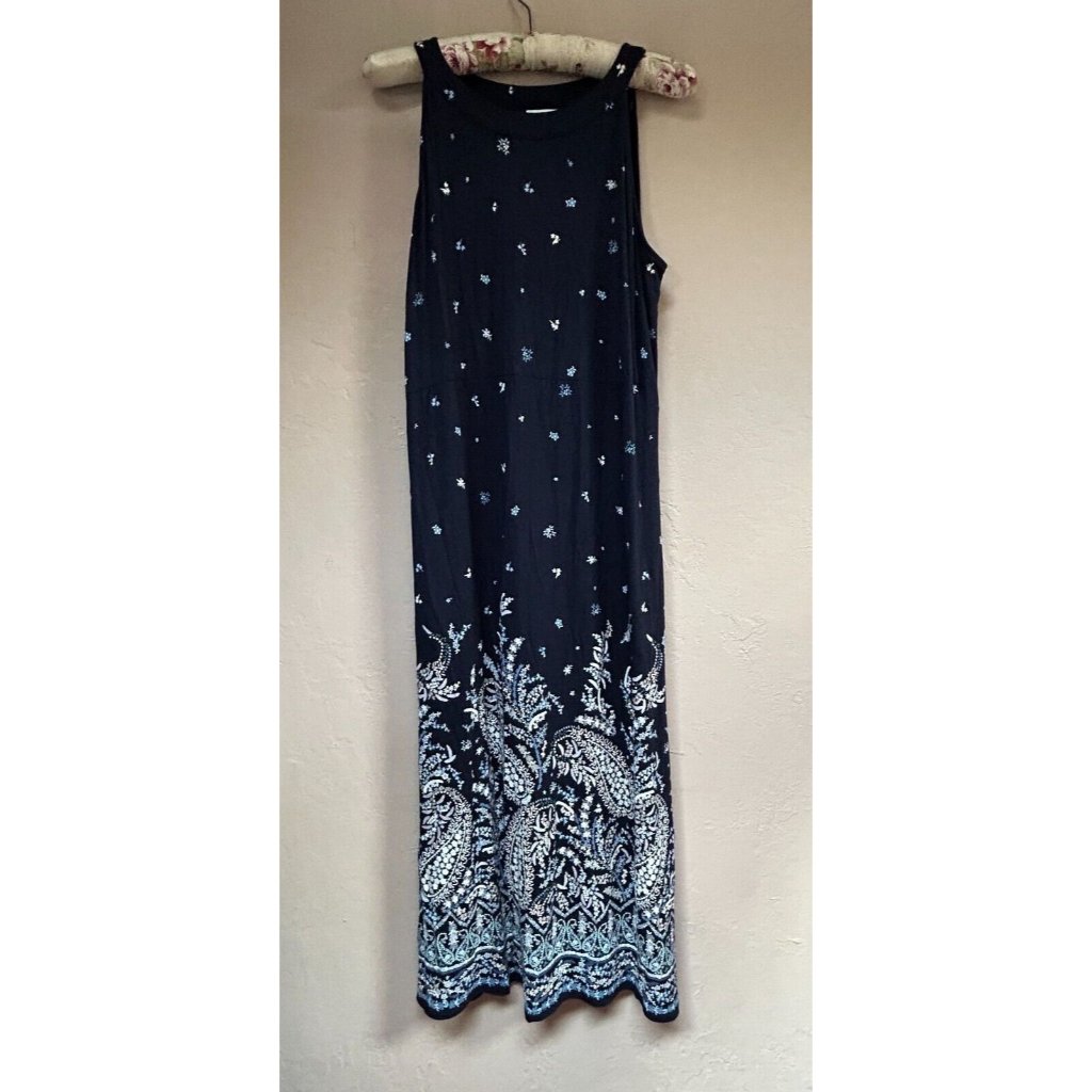 J.Jill Womens Medium Paisley Floral Print Tank Sleeveless Maxi Dress Navy White